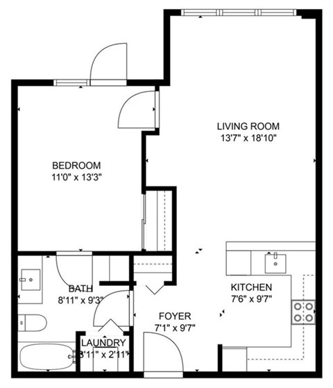 Floor plan for 1 bed, 1 bath, 694 sqft